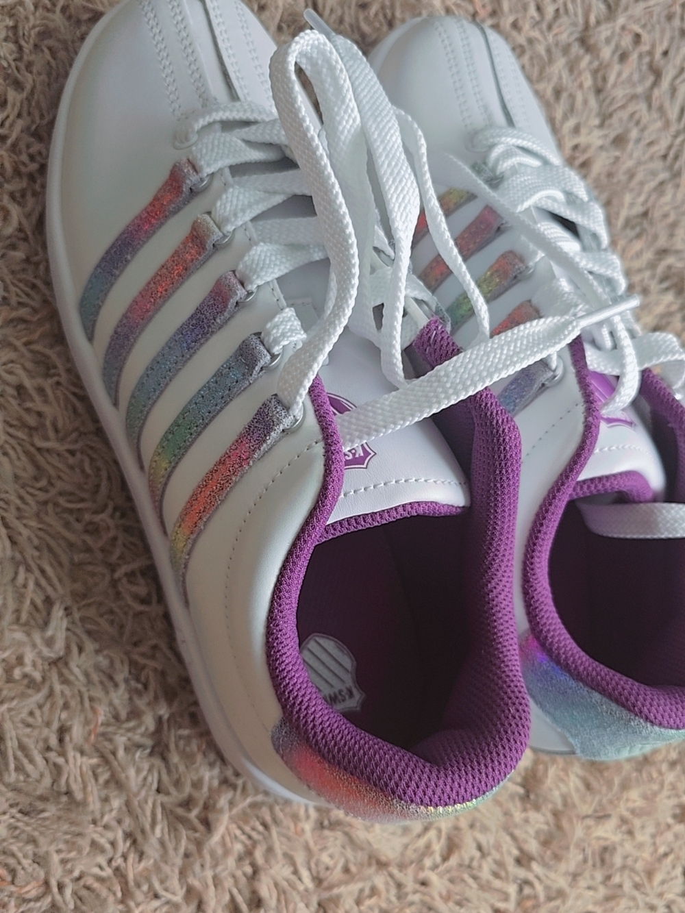 K-Swiss White Sneakers with Rainbow Stripe Detail size 7kids/ 9woman